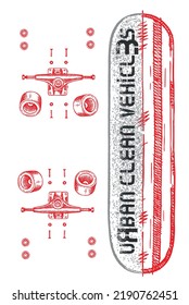 Vector illustration of skateboard with disassembled axles and wheels.