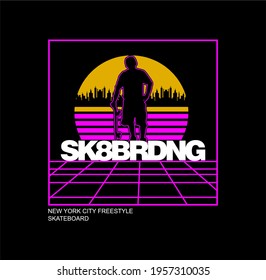 vector illustration skateboard freestyle street style legendary rider, graphics for t-shirt ,vintage design, imposed geometric dynamic pattern background