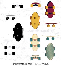 Vector illustration of a skateboard. front, top, bottom, side view.
