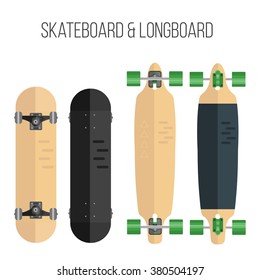 Vector illustration of skateboard and longboard. Illustration of flat skateboard and longboard  isolated on white background.