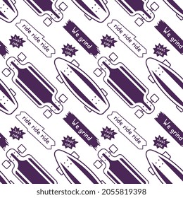 Ilustración vectorial de Skateboard con Frase en forma. Skateboarding Patrón sin Maravillas con Skateboard texturizado y Word. Fondo del patrón de estilo de arte de línea para la impresión de camisetas y papel