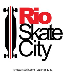 Vector illustration of skateboard silhouette with text alluding to the sport in Rio de Janeiro, Brazil.