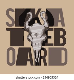 vector illustration skateboard and skull of a bull in the middlegraphics for t-shirt ,vintage design