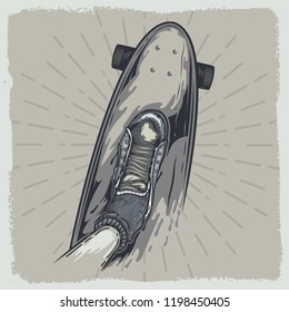 Vector illustration of skateboard and sneakers in black and white style
