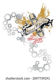 Vector illustration of skateboard with wings and banner with text. Art with industrial gears in the background.