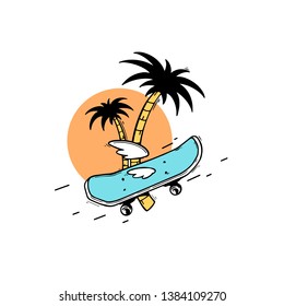 Vector illustration - Skateboard with the wings, colorful poster, palm tree, summer