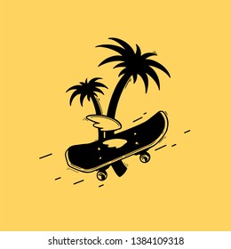 Vector illustration - Skateboard with the wings, colorful poster, palm tree, summer