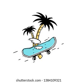 Vector illustration - Skateboard with the wings, colorful poster, palm tree, summer