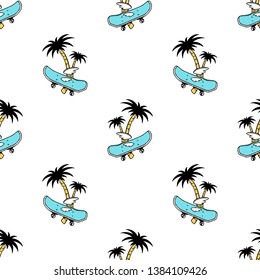Vector illustration - Skateboard with the wings, colorful poster, palm tree, summer