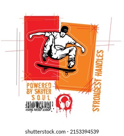 Vector illustration of skateboarder with graphic elements in the background.