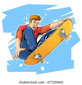 Vector illustration of a skateboarder jumping. Beautiful sport themed poster. Extreme sports, summer sports, young man making stunts on skateboard