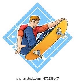 Vector illustration of a skateboarder jumping. Beautiful sport themed poster. Extreme sports, summer sports, young man making stunts on skateboard