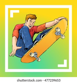 Vector illustration of a skateboarder jumping. Beautiful sport themed poster. Extreme sports, summer sports, young man making stunts on skateboard