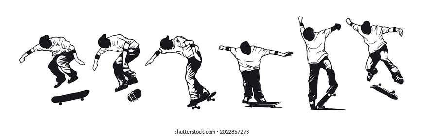 Vector illustration of skateboarder silhouette in a maneuver sequence. Art in simple and stripped lines.