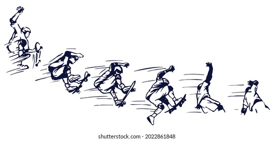 Vector illustration of skateboarder silhouette in a maneuver sequence. Art in simple and stripped lines.