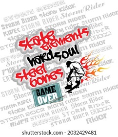 Vector illustration of a skateboarder silhouette with multiple texts depicting the sport. Art for t-shirts, posters, etc...