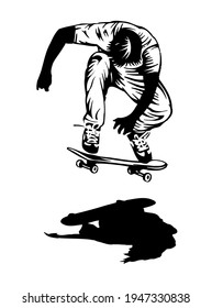 Vector illustration of skateboarder silhouette performing maneuver.