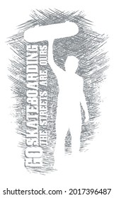 Vector illustration of skateboarder silhouette with scribbled background.