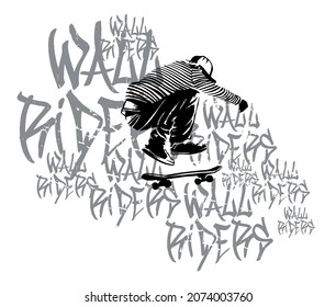 Vector illustration of skateboarder silhouette with stylized text in the background.