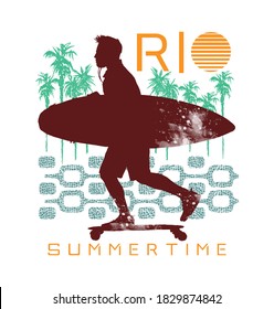 Vector illustration of skateboarder silhouette with surfboard, with palm trees and graphic elements in the background.