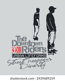 Vector illustration of skateboarders silhouette. Art in a laid-back style with lettering composition.