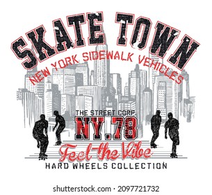 Vector illustration of skateboarders silhouette with cityscape in the background and text. Art for prints on t-shirts and etc...