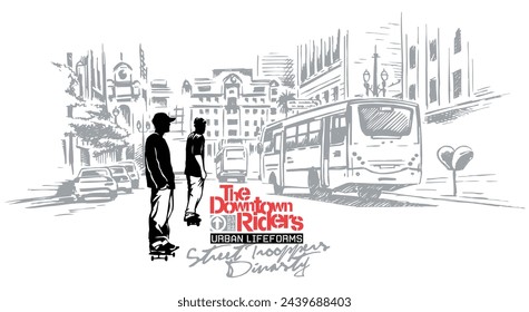 Vector illustration of skateboarders silhouette in urban landscape. Art in a laid-back style with lettering composition.