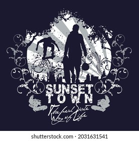 Vector illustration of skateboarders silhouettes with text and ornaments. Art for prints on t-shirts, posters, etc.