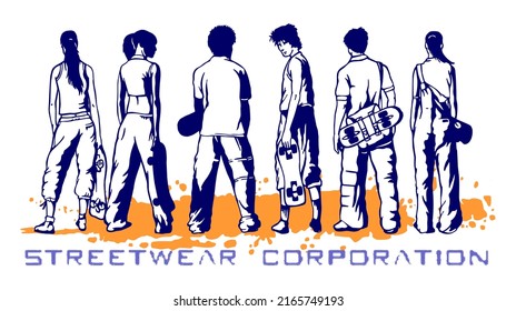 Vector illustration of skateboarders with text.