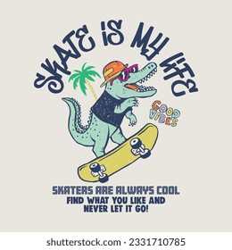 Vector illustration of skateboarding cartoon crocodile with palm tree and typography elements.