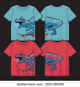 Vector illustration of skateboarding cartoon dinosaur. Graphic design for boy t-shirt