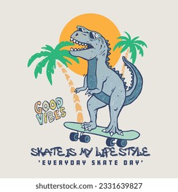 Vector illustration of skateboarding cartoon dinosaur and palm tree elements.