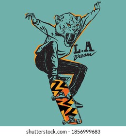 Vector illustration of skateboarding cartoon tiger