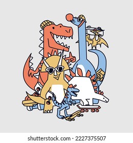 Vector illustration of skateboarding dinosaur with doodle design for tshirt kids and print 