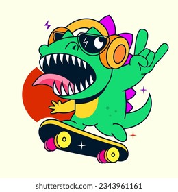 Vector illustration of skateboarding dinosaur with doodle design for tshirt kids and print