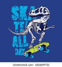 Vector illustration of skateboarding dinosaur skeleton. T-shirt graphic for kids