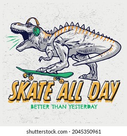 Vector illustration of skateboarding dinosaur and typography 