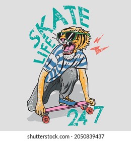 Vector illustration of skateboarding tiger. For boys t-shirt .