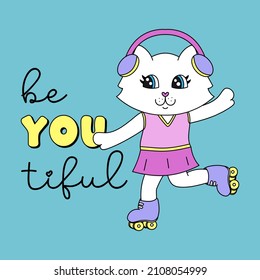 VECTOR ILLUSTRATION OF A SKATER CAT WITH PINK DRESS, SLOGAN PRINT