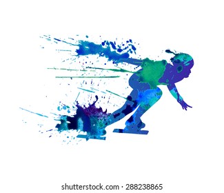 Vector illustration: skater. Short track. Spray watercolor paint on a white background