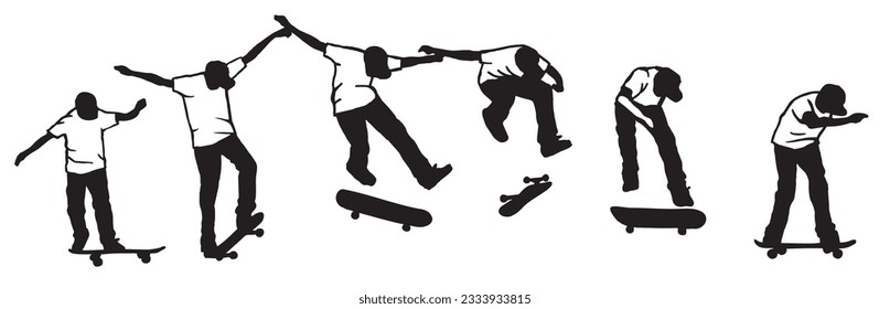 Vector illustration of skater silhouette in sequence of tricks.