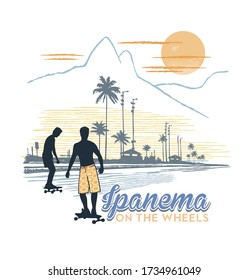 Vector illustration of skaters on the edge of Ipanema, Rio de Janeiro, Brazil.