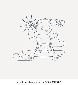 Vector illustration of skating boy. Doodle cartoon.
