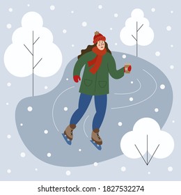 Vector illustration of a skating girl with a coffee in her hand in a winter park in a snowfall. Ice rink. Holiday Christmas time. Winter outdoors.