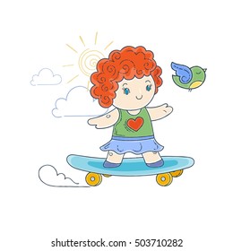 Vector illustration of skating girl. Doodle cartoon.