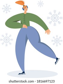 Vector illustration of a skating girl on an ice rink in a snowfall.