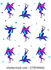 Vector illustration of skating girl with scarf and in blue jeans. Winter sport. Skating winter rink. Flat graphic. Winter pattern
