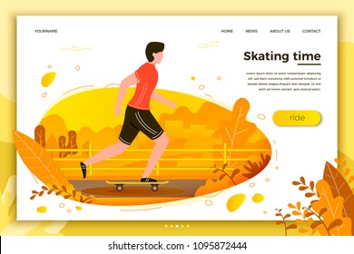 Vector illustration -  skating man in park. Forest, trees and hills on background. Banner, site, poster template with place for your text.
