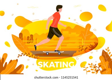 Vector illustration -  skating man in park. Forest, trees and hills on background. Banner, site, poster template with place for your text.