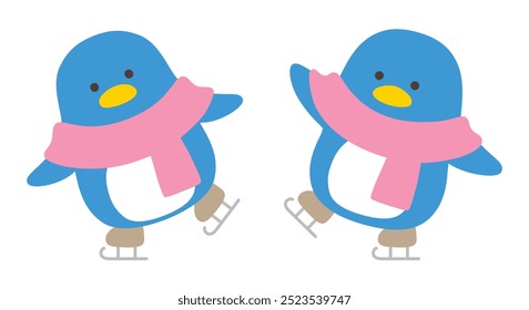 Vector illustration of a skating penguin. Winter, scarf, bird